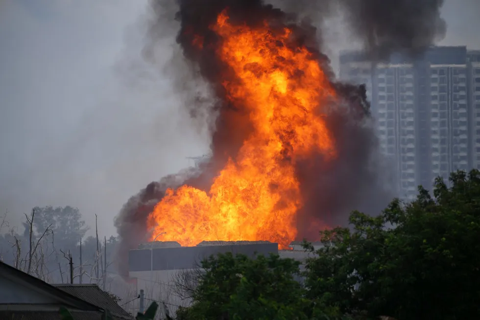 A massive fire burns after a Petronas' gas pipeline near the Malaysian capital Kuala Lumpur explodes on 1 April 2025.