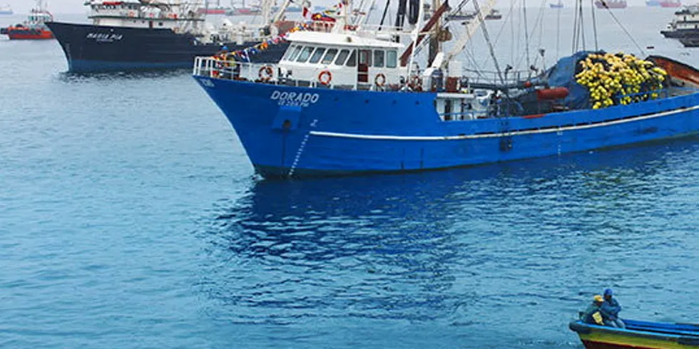 An Exalmar fishing vessel plies the waters in Peru. The company saw earnings jump significantly as fishmeal and oil prices rose.