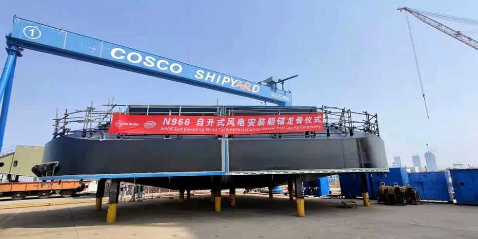 Keel laying ceremony of the Voltaire jack-up vessel at Cosco shipyard
