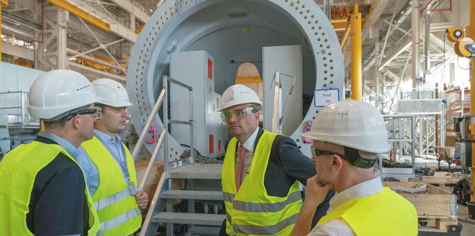 CEO Markus Tacke, facing camera, at Siemens Gamesa's Cuxhaven, Germany, plant.