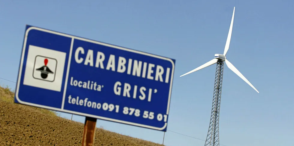 A wind turbine is pictured near the village of Grisi, between Palermo and Trapani, in 2010. The seizure of a record 1.5 billion euros from a Sicilian businessman known as "Lord of the Wind" on the same day put the spotlight on Mafia money-laundering through renewable energy ventures.