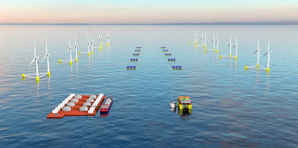 CGI of the planned OceanH2 floating wind-plus-hydrogen project off Spain being developed by Acciona Energia and Hexicon