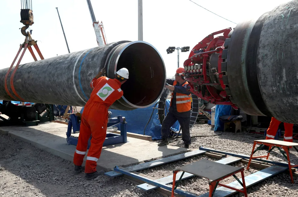 Connecting: Workers are seen at the construction site of the Nord Stream 2 gas pipeline near the town of Kingisepp in Russia in June 2019