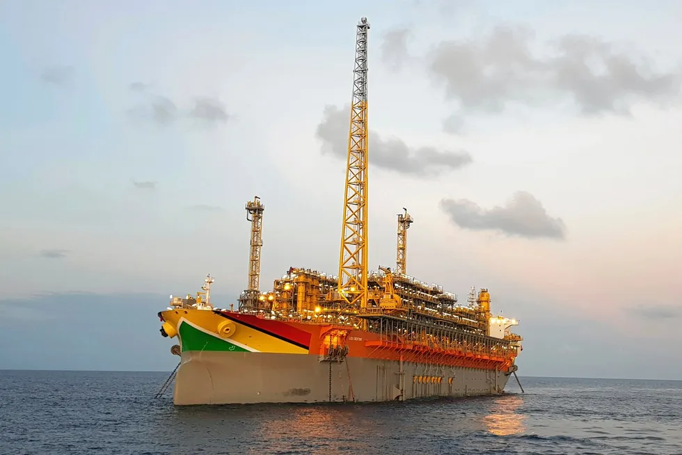 The Liza Destiny FPSO on loaction at the Liza field in the Stabroek block offshore Guyana.