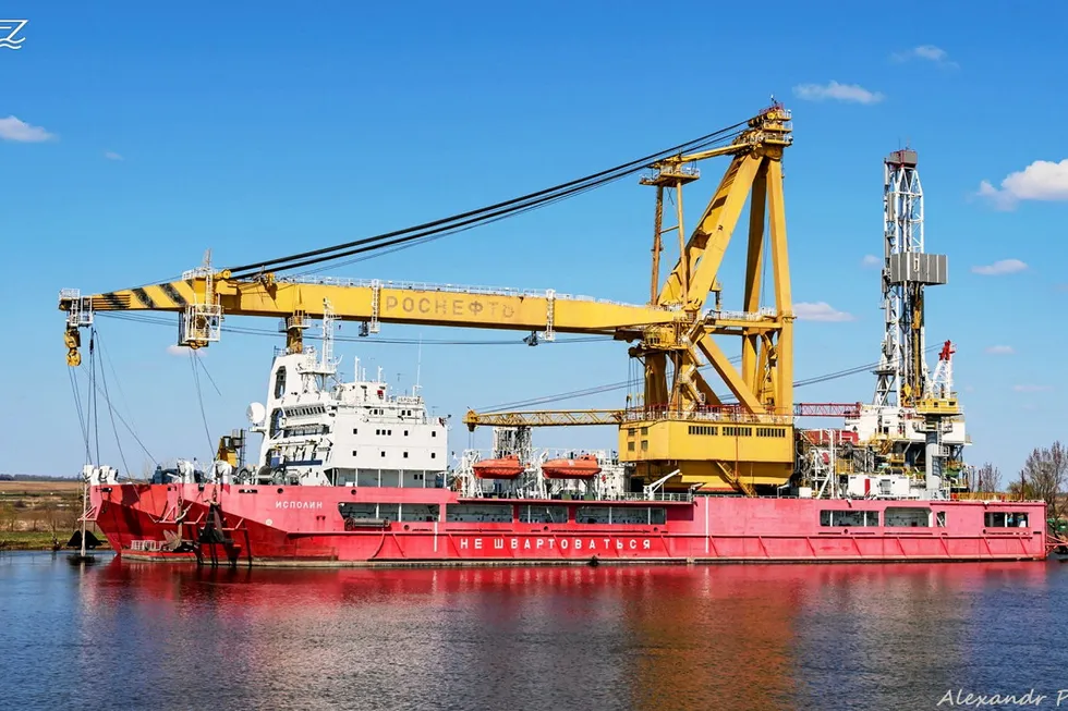 Idle: the drillship Ispolin moored in a Volga River canal near Astrakhan in Russia