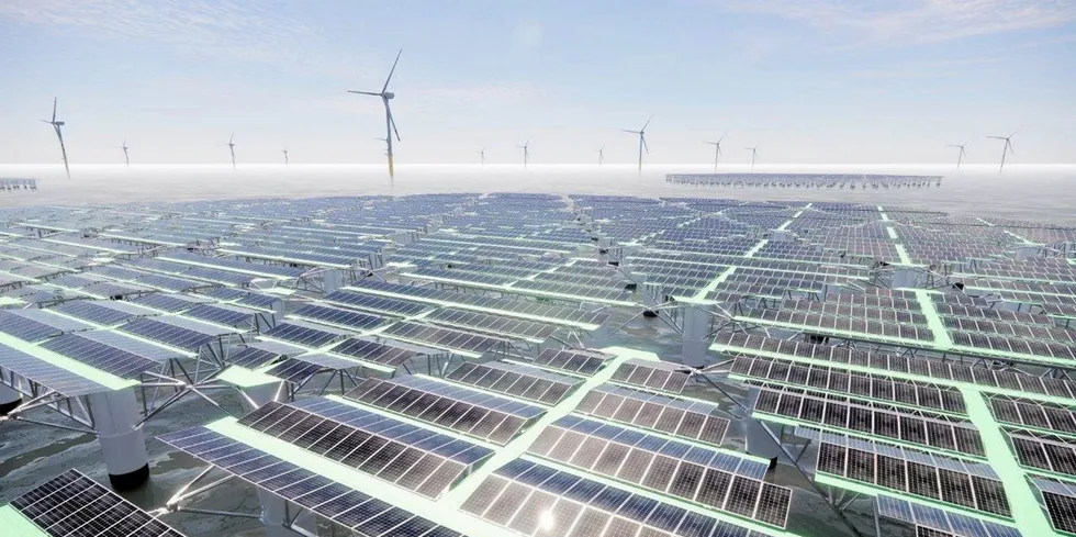 A rendering of the planned floating offshore solar and wind plant off Italy.