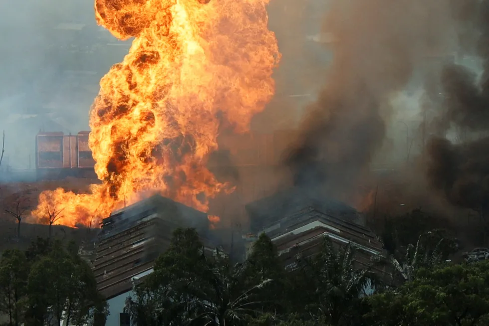 Flames and smoke seen after a gas pipeline operated by Malaysia's national energy company Petronas caught fire on 1 April 2025.