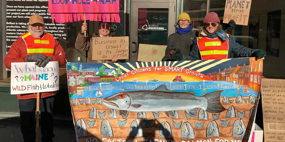 Opponents in Maine have successfully kept Nordic Aquafarms mired in legal battles since the project was announced in 2018. Pictured above: Local Citizens for SMART Growth documented protestors outside of Nordic Aquafarms' storefront in 2018.