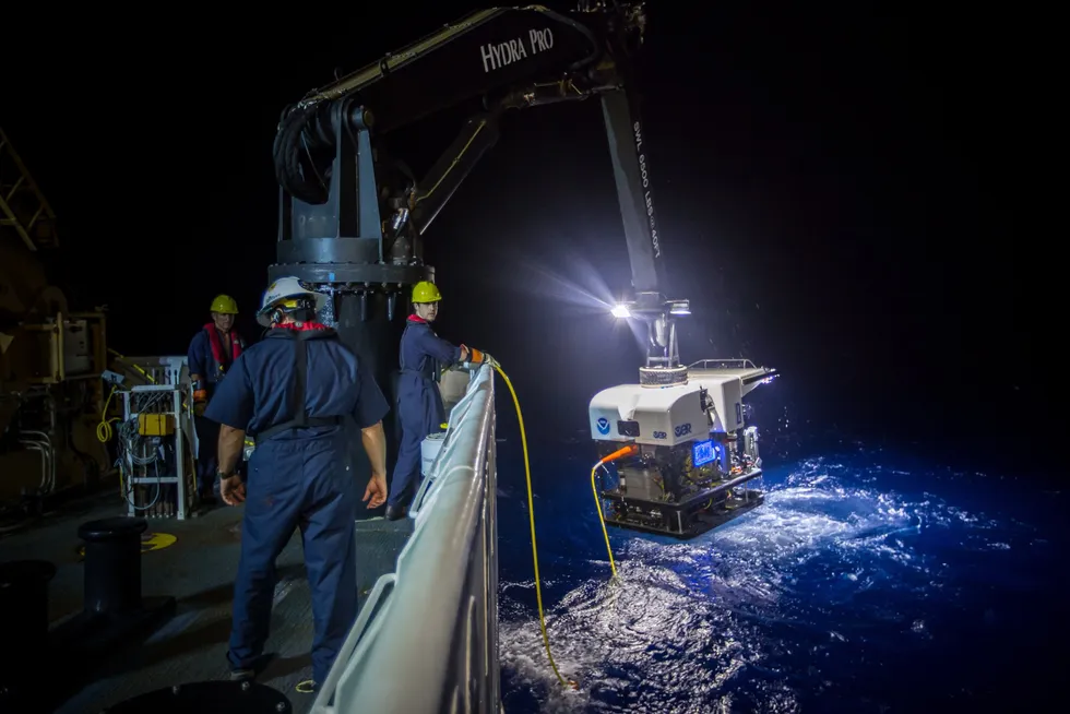 Remotely operated vehicle Deep Discoverer being brought aboard NOAA Ship Okeanos Explorer during a mission in the Pacific Ocean.