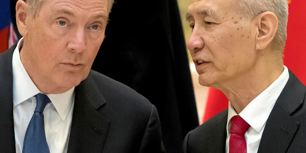 US Trade Representative Robert Lighthizer, left, listens as Chinese Vice Premier Liu He talks .