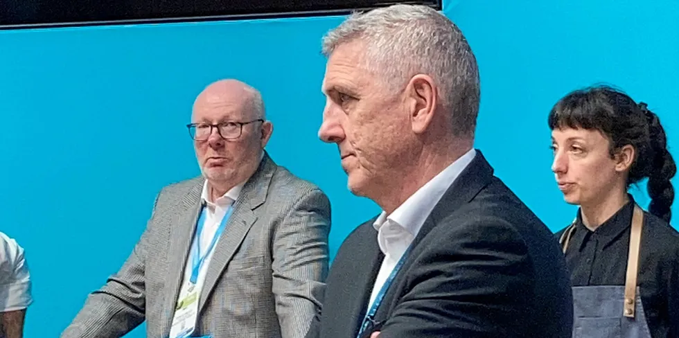 Cermaq Global CEO Steven Rafferty deep in conversation at the Seafood Expo Global trade fair in Barcelona.