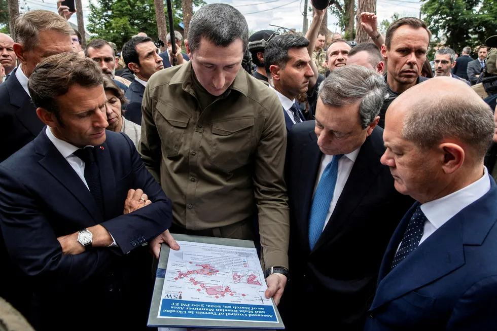 Open doors: Naftogaz executive chairman Oleksiy Chernyshov (centre) with French President Emmanuel Macron, German Chancellor Olaf Scholz and former Italian Prime Minister Mario Draghi last year.