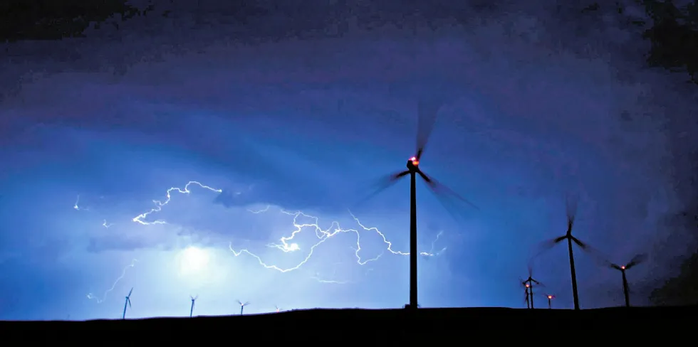 Lightning at a US wind farm. Lightning storms are a natural hazard for turbines.