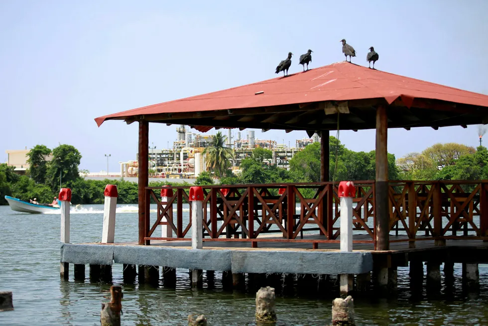 Warning: A pier in the Pemex oil port Dos Bocas in Tabasco, Mexico