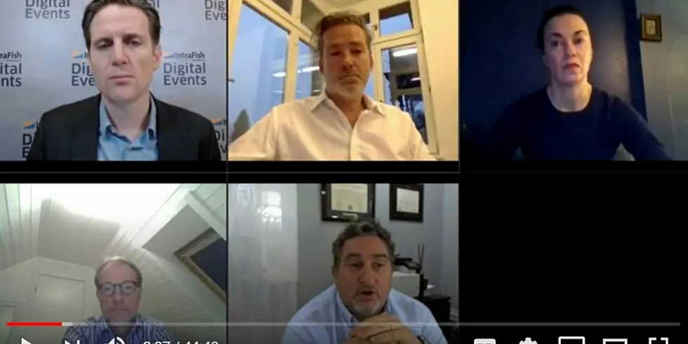From top left, clockwise: IntraFish Editor-in-Chief Drew Cherry; Bonafide Managing Director Christoph Baldegger, Wells Fargo Senior Vice President Jana Dombrowksi; Antarctica Advisors Managing Partner Ignacio Kleiman; and Pareto Securities Senior Partner Henning Lund.
