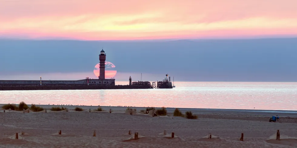 Feu de Saint Pol Lighthouse in Dunkirk at sunset. Dunkirk, Hauts-de-France, France.