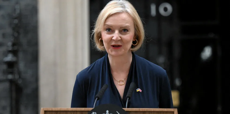 Britain's Prime Minister Liz Truss delivers a speech outside of 10 Downing Street in central London on October 20, 2022 to announce her resignation.