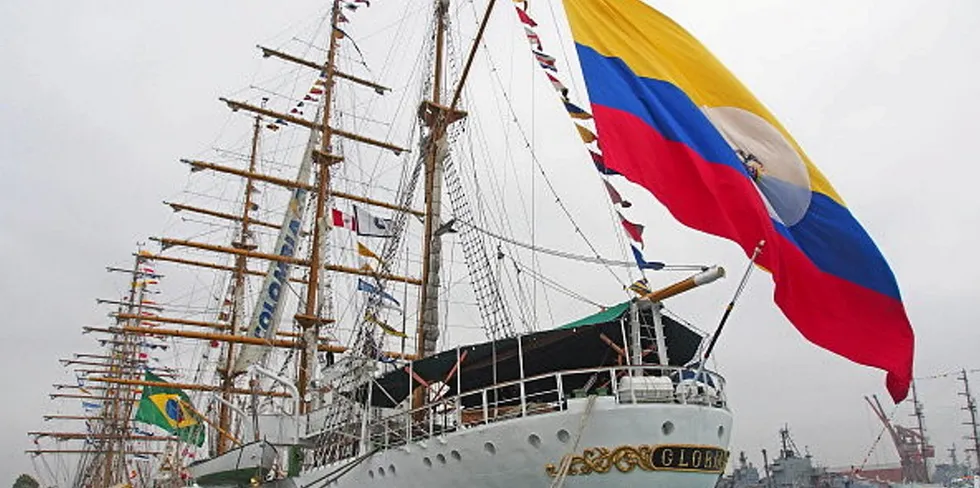 Stern view of the Arc Gloria, flying flag of Colombia