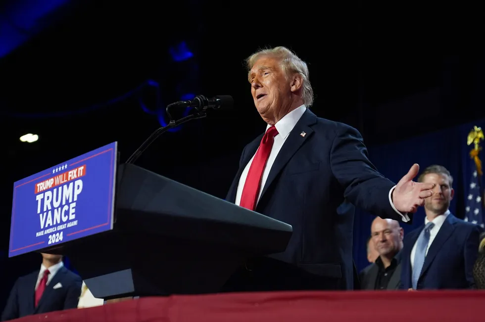 Republican President-elect Donald Trump speaks at an election night watch party at the Palm Beach Convention Center, Wednesday, 6 November 2024, in West Palm Beach, Florida.