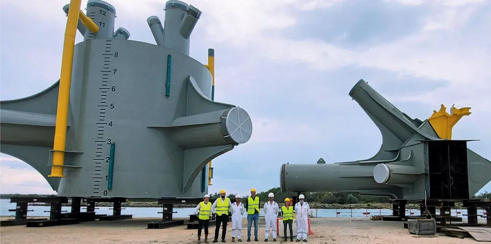 Construction at France's Eiffage Metal of tension-leg platforms for SBM's trio of floating wind platforms for EDF's 25MW PGL project in the Mediterranean