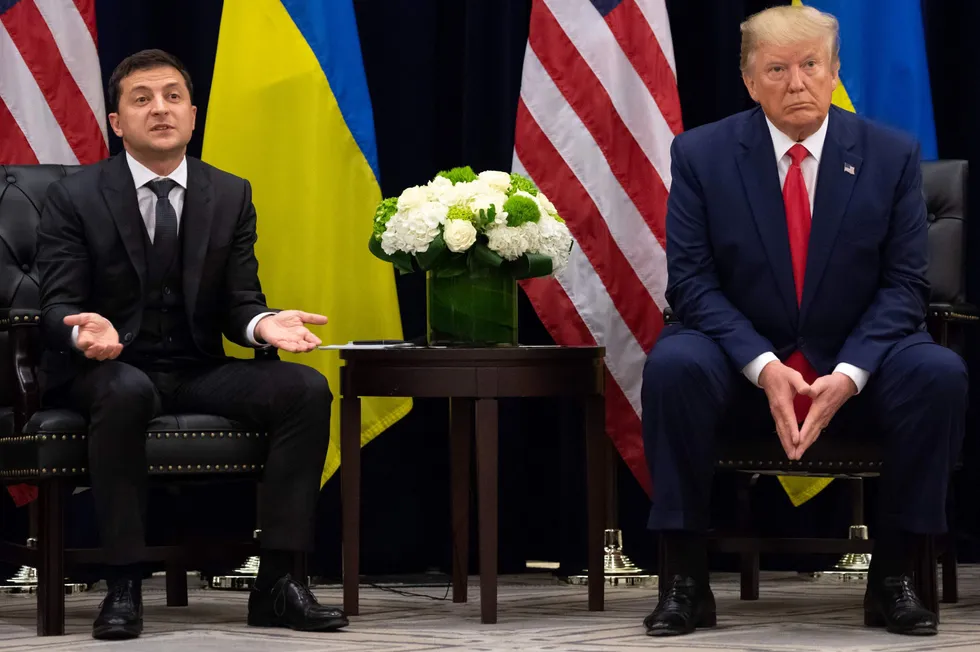 (File photo) Former US president Donald Trump and Ukrainian President Volodymyr Zelensky met in New York on September 25, 2019, on the sidelines of the United Nations General Assembly.