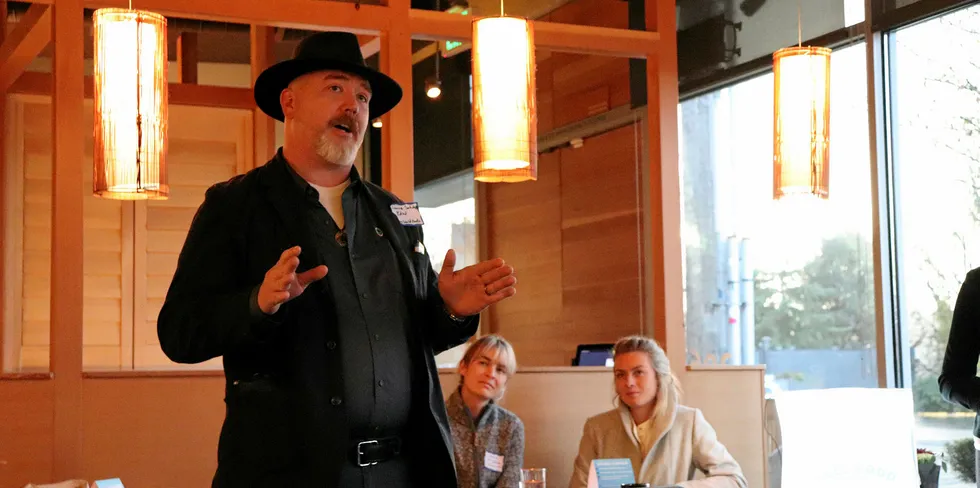 Lance Schultz, a national account manager at True World Foods, speaks at an MSC event held in Seattle in November 2019.