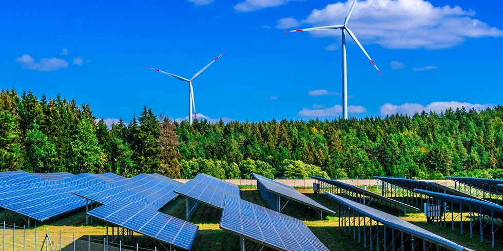Solar farm and wind turbines in Germany.