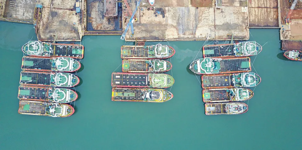 Offshore support vessels laid up at Marco Polo Shipyard in Batam.