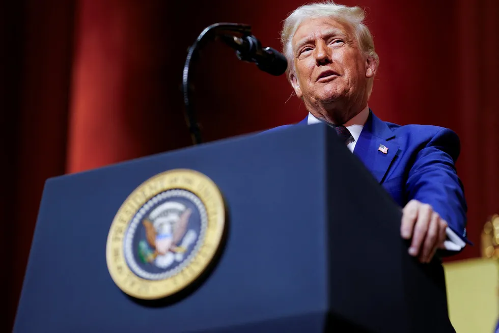 US President Donald Trump addresses a Republican Governors Association dinner at the National Building Museum in Washington, DC, US, on Thursday, 20 February 2025.