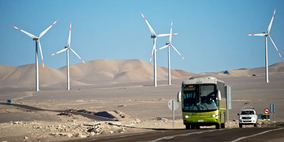 Wind turbines installed in Calama, about 1500 km north of Santiago, Chile
