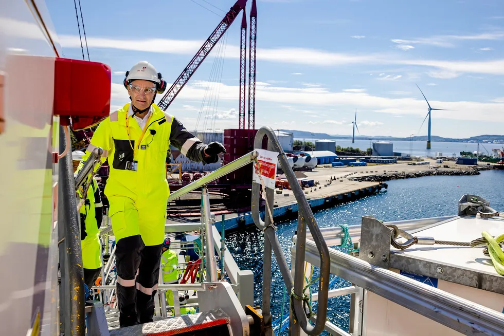 Stepping up: Norwegian Prime Minister Jonas Gahr Store at the Hywind Tampen site in Gulen