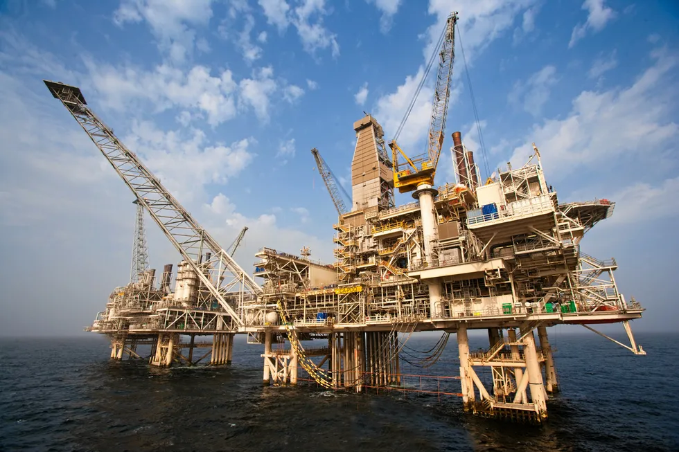 View of the Central Azeri platform, located off the coast of Azerbaijan, in the Caspian Sea.