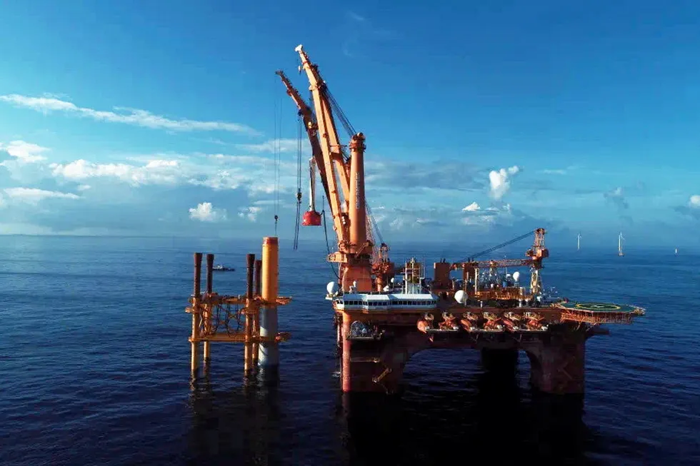 Shortage: Offshore wind installation vessel CIMC-Huadian 01 operating at a wind farm offshore Guangdong, China