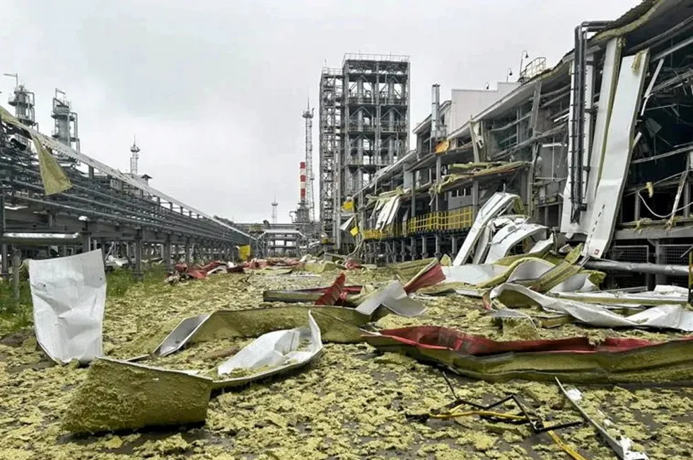 Damage seen after an explosion at a gas and condensate processing installation operated by Russian player Rospan in West Siberia.
