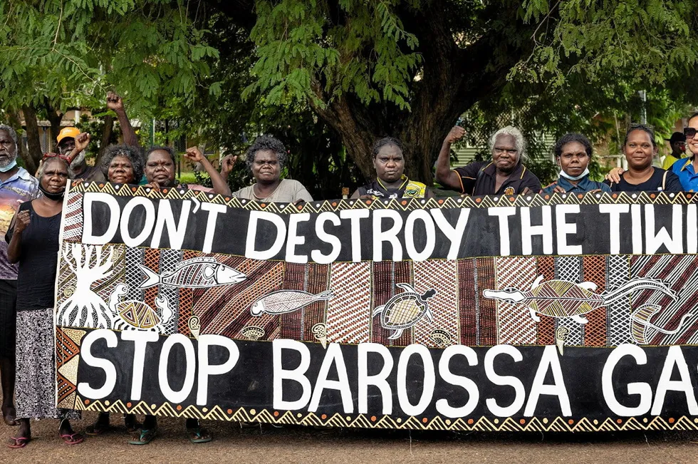 Tiwi Islanders in 2022 protesting Santos' Barossa gas project in Australia.