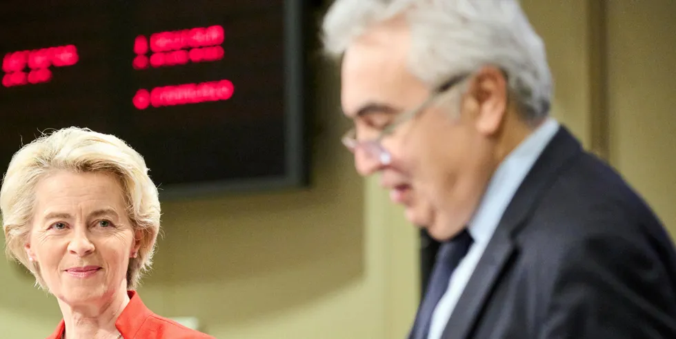 European Commission President Ursula von der Leyen watches IEA executive director Fatih Birol.