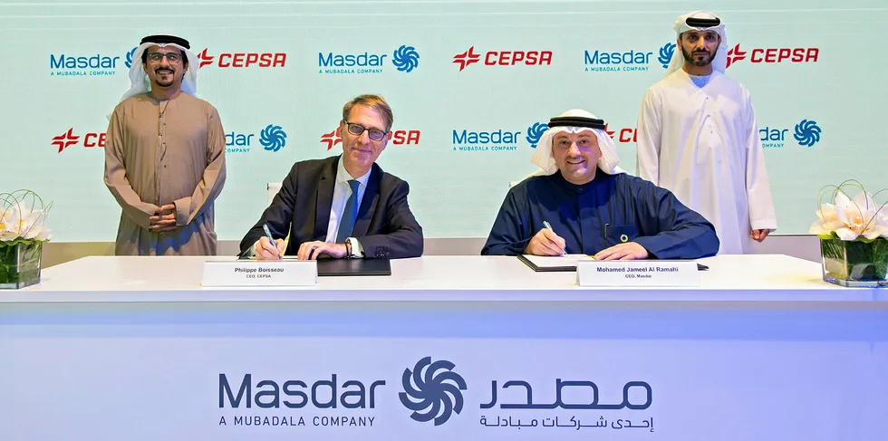 Cepsa chief executive Philippe Boisseau and Masdar boss Mohamed Jameel Al Ramahi and Cepsa signing the joint venture agreement at Abu Dhabi Sustainaility Week last week.