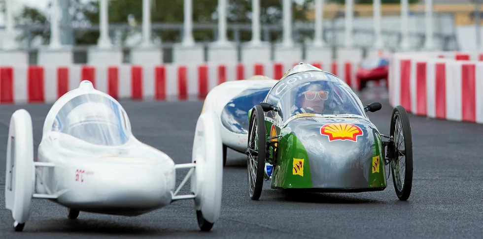 Eco cars are seen on the track at Shell’s Make the Future London event at the Queen Elizabeth Olympic Park, London, in 2016.