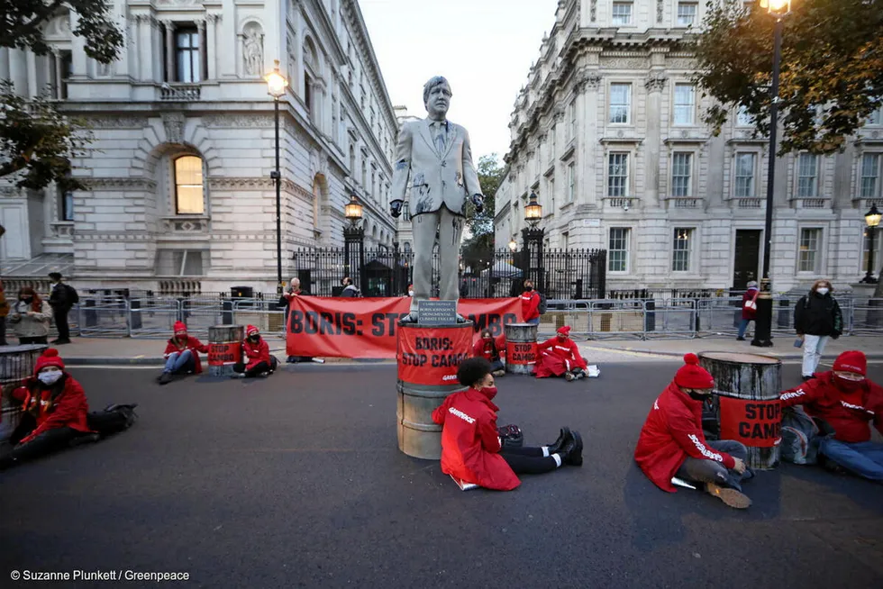 Trenchant: Persistent campaigning, including this London protest by Greenpeace, has turned the Cambo development into a cause celebre