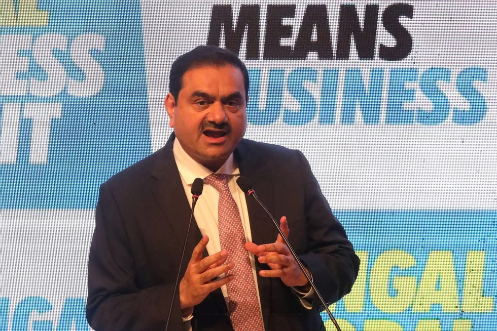 Address: Indian billionaire Gautam Adani speaks to delegates during the Bengal Global Business Summit in Kolkata in April.