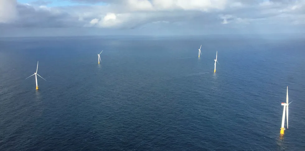 The world's first floating wind array, Equinor's 30MW Hywind Scotland, in the UK North Sea