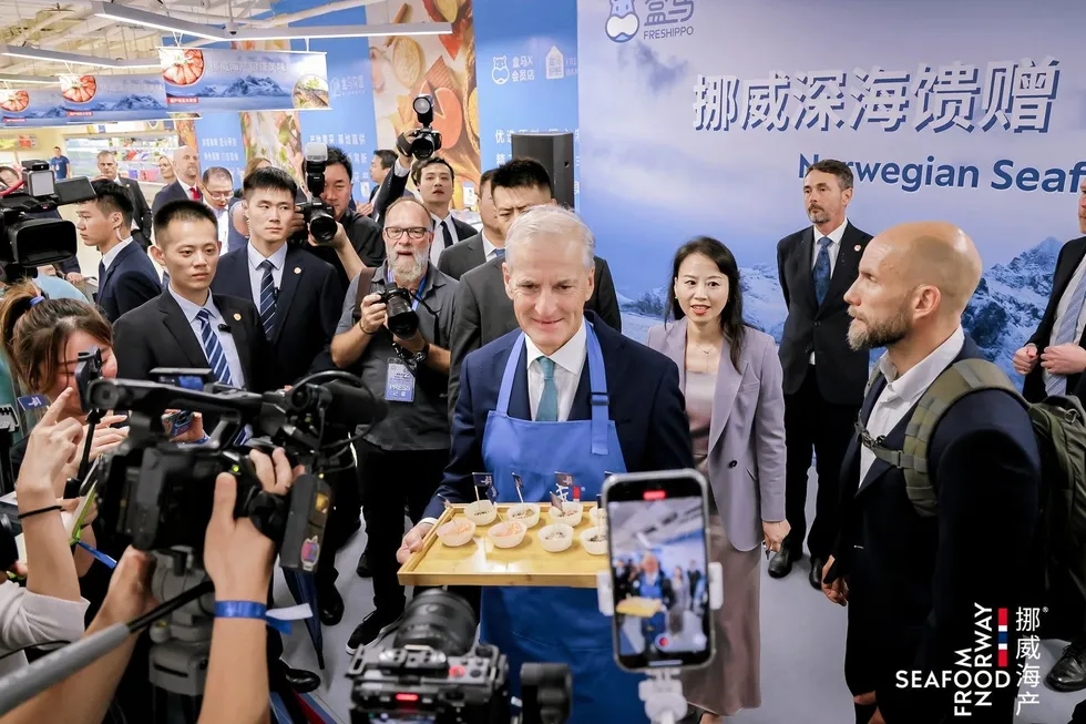 Norwegian Prime Minister Jonas Gahr Store poses for Chinese journalists on a visit to supermarket chain Hema Fresh in Shanghai.