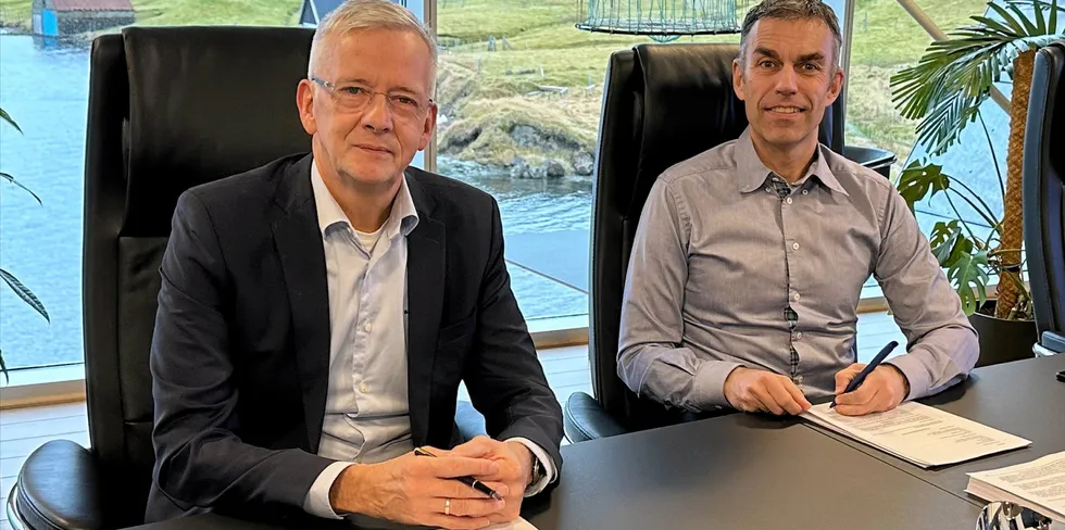 "This is yet another important step towards farming salmon for a longer period on land," Bakkafrost CEO Regin Jacobsen (left) said.
