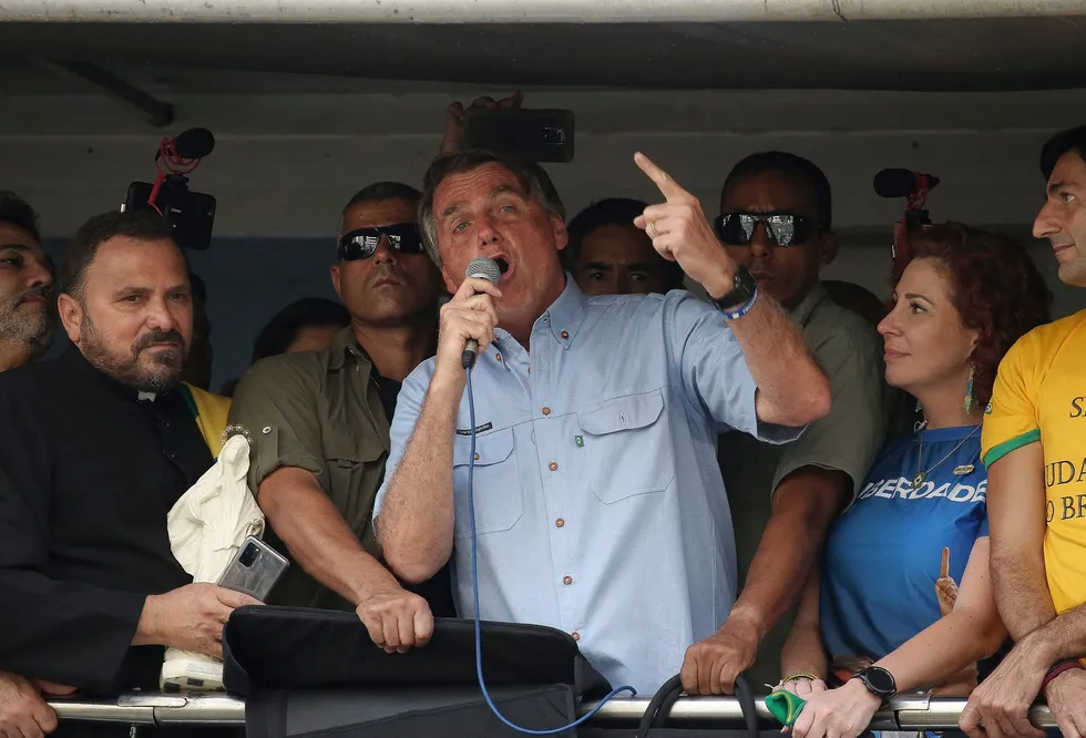Re-election trail: Brazilian President Jair Bolsonaro delivers a speech during a demonstration in Sao Paulo, Brazil, this week