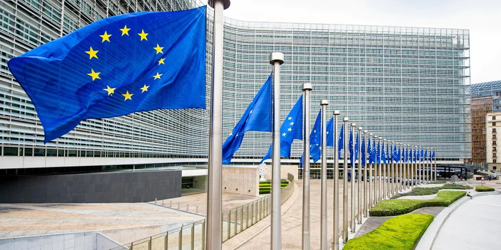 Drapeaux Berlaymont . Berlaymont building of the European Commission.