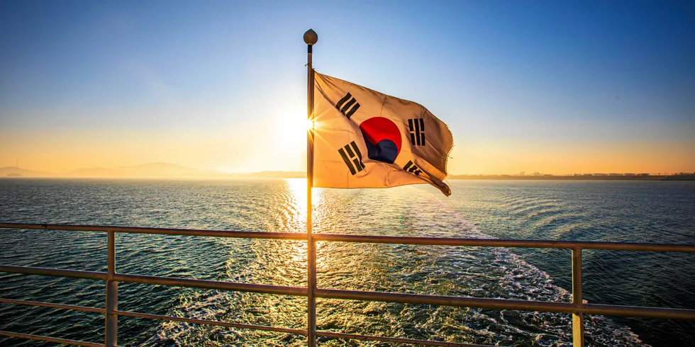 Korean Flag on a passenger ship heading for Modo Island near Ongjin-gun, Incheon, South Korea.