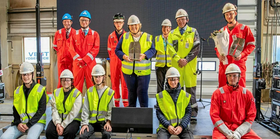 Norwegian prime minister Erna Solberg (centre) at ceremony to mark start of construction of Hywind Tampen
