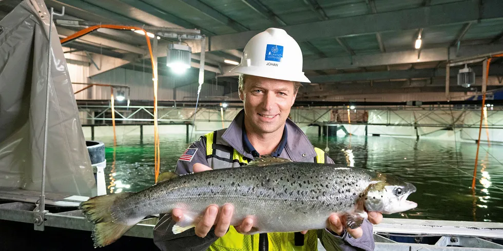 Johan Andreassen, CEO and co-founder of land-based salmon farmer Atlantic Sapphire. The group announced its first commercial harvest this week, but investors now are turning their focus to what comes next.