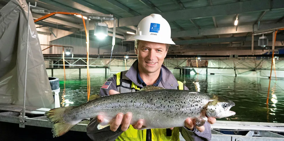 . Johan Andreassen with Atlantic Sapphire's first commercially harvested land-based salmon.