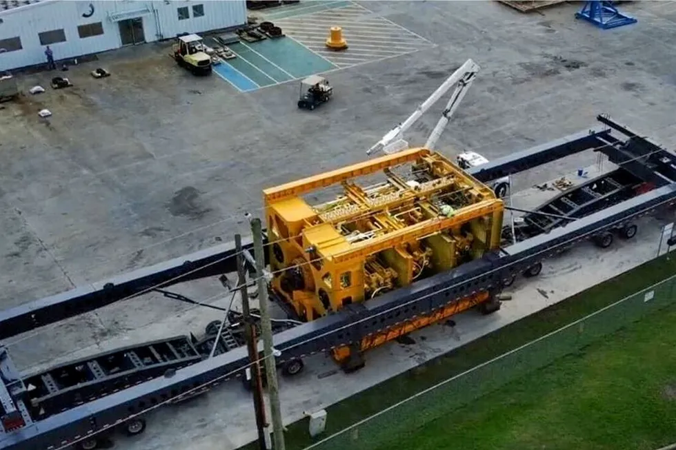 Big and yellow: the lower stack of Transocean's first NOV-manufactured 20K BOP, to be installed on the new drillships Deepwater Titan and another on the Deepwater Atlas